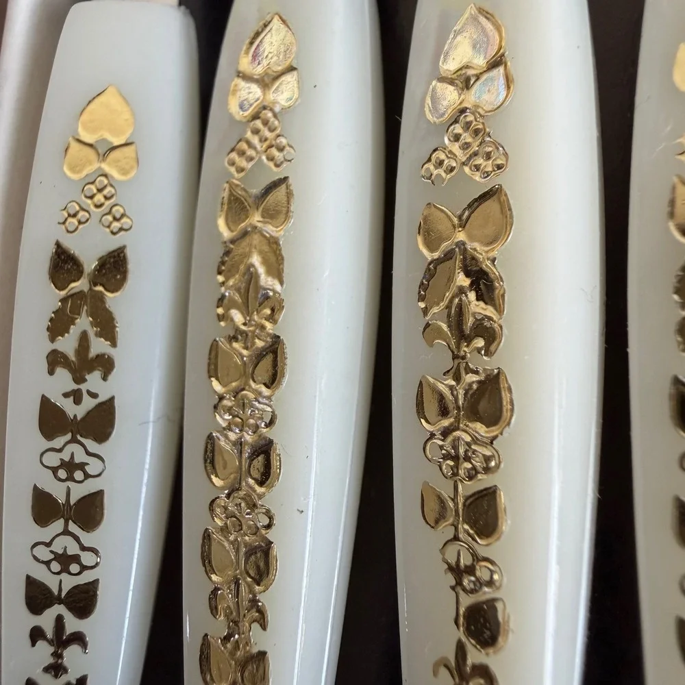 Vintage MCM Stainless Steel Mini Appetizer Forks Gold Filigree White Handles 12